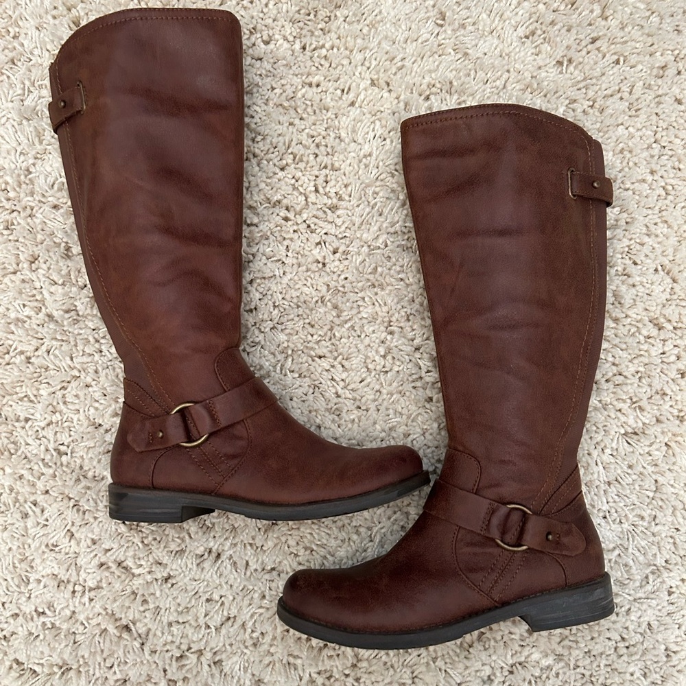 Bare Traps Baretraps Knee High Stacked Low Heel Brown Boot 6 M Wrapped Buckle